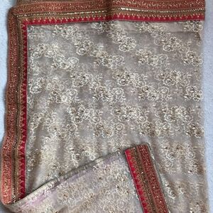 Gorgeous Beige and Red Lace Saree